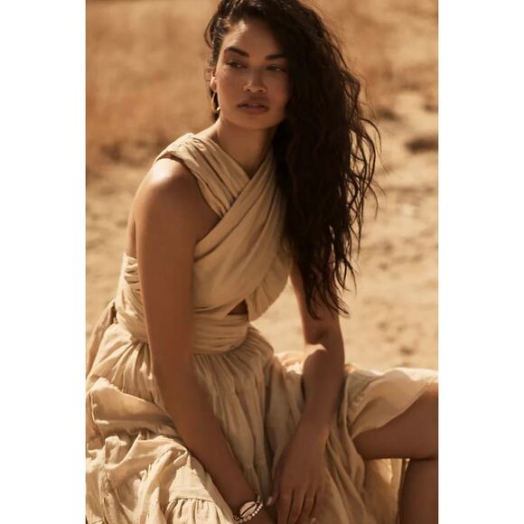 Erika Pena Selma Tan Wrap Mini Dress - Picture 1 of 7